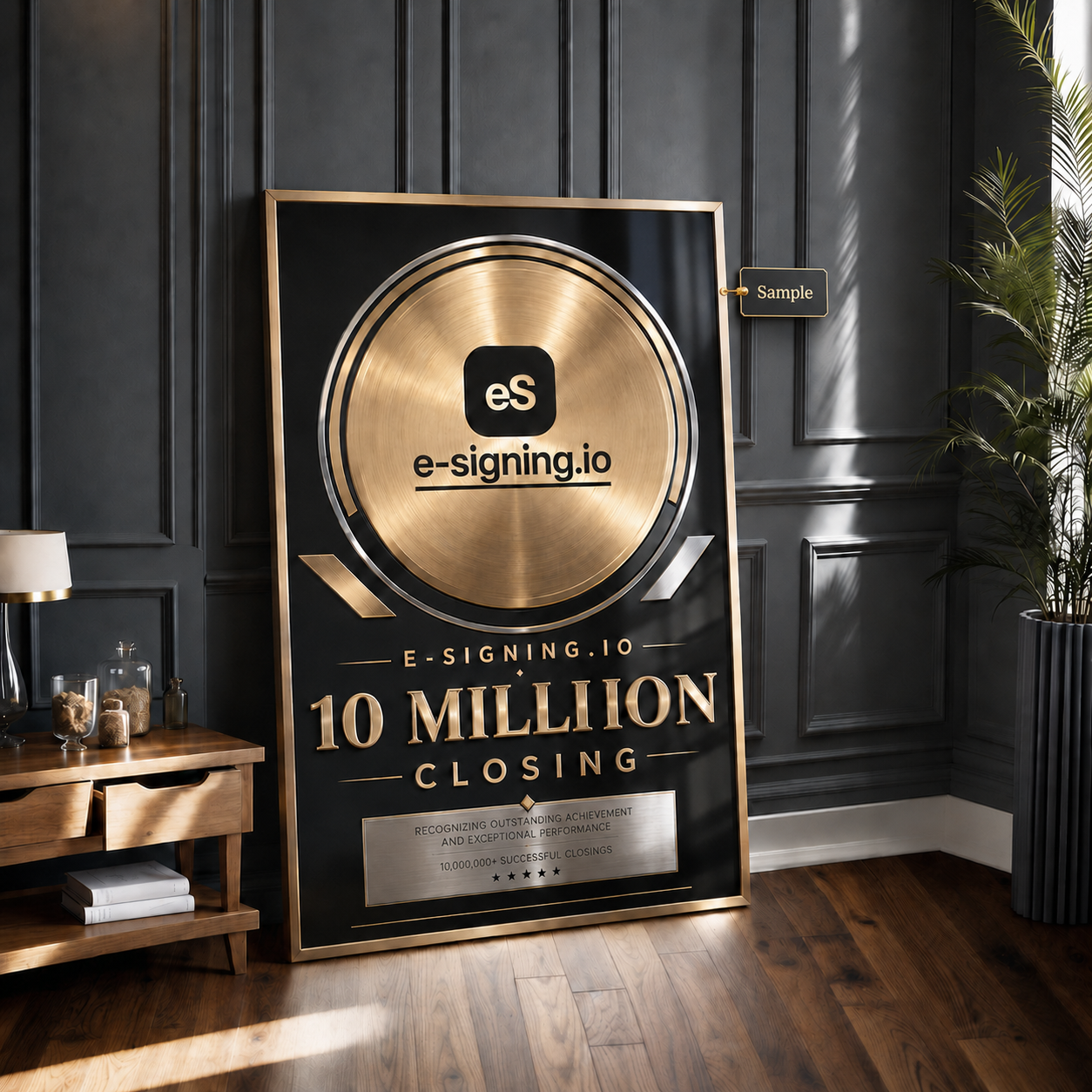 E-Signing.io Award-Plakette „10 Million Closing" in Schwarz und Gold